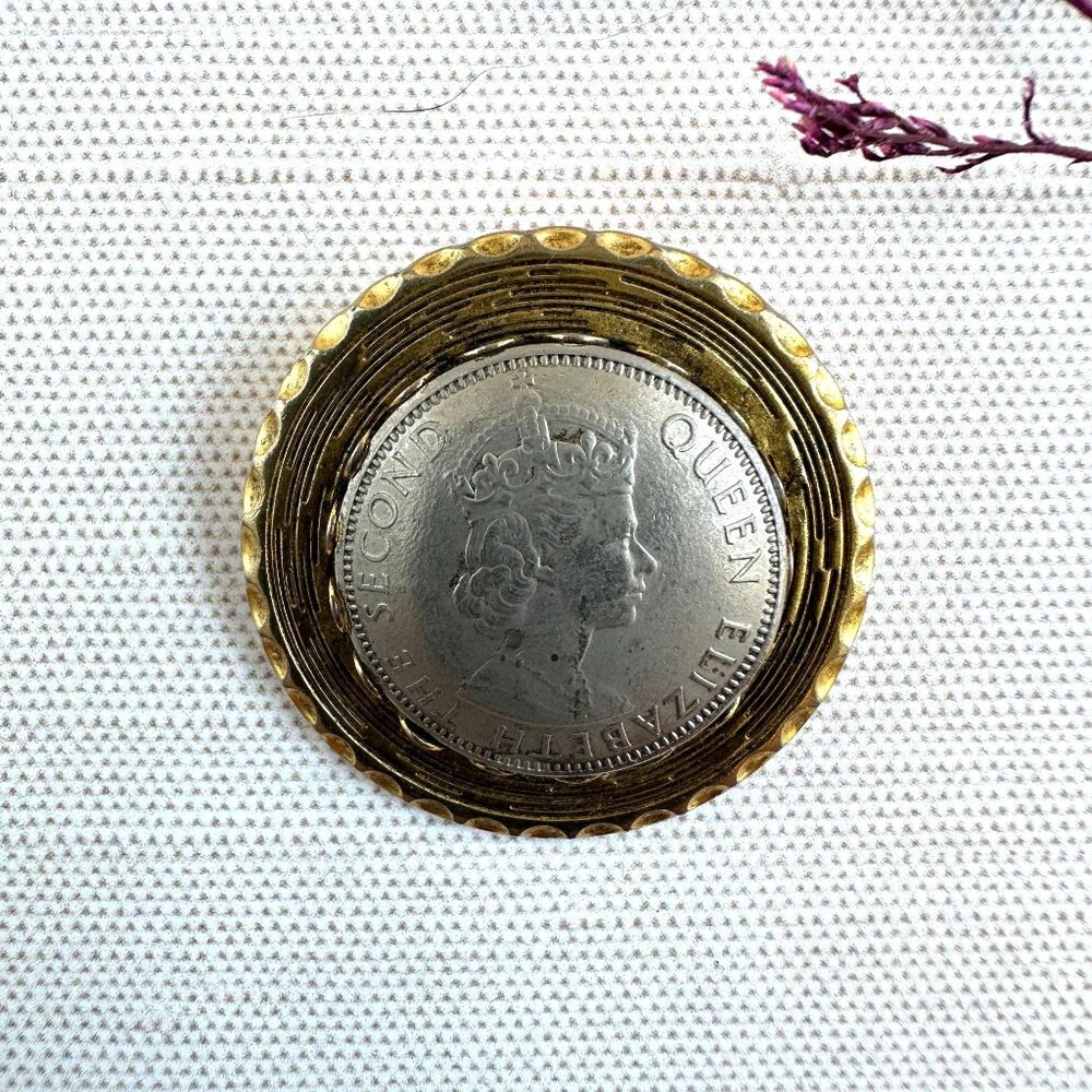 Vintage Freirich Gold-Tone Coin Brooch/Pin with Queen Elizabeth Design